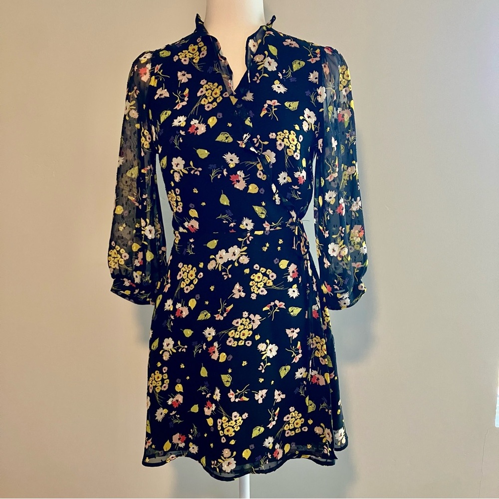 Lush Wrap Dress Floral Print Knee Length Black Yellow Sheer Sleeves Size M